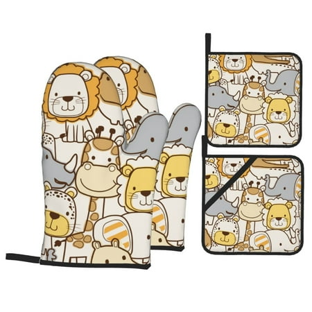 

WARHOOME Oven Mitts and Pot Holders Sets Heat-Resistant Cute Animal Illustration BBQ Glove Oven Mitt Hot Pads Kitchen Cooking Baking Grilling 4Pcs