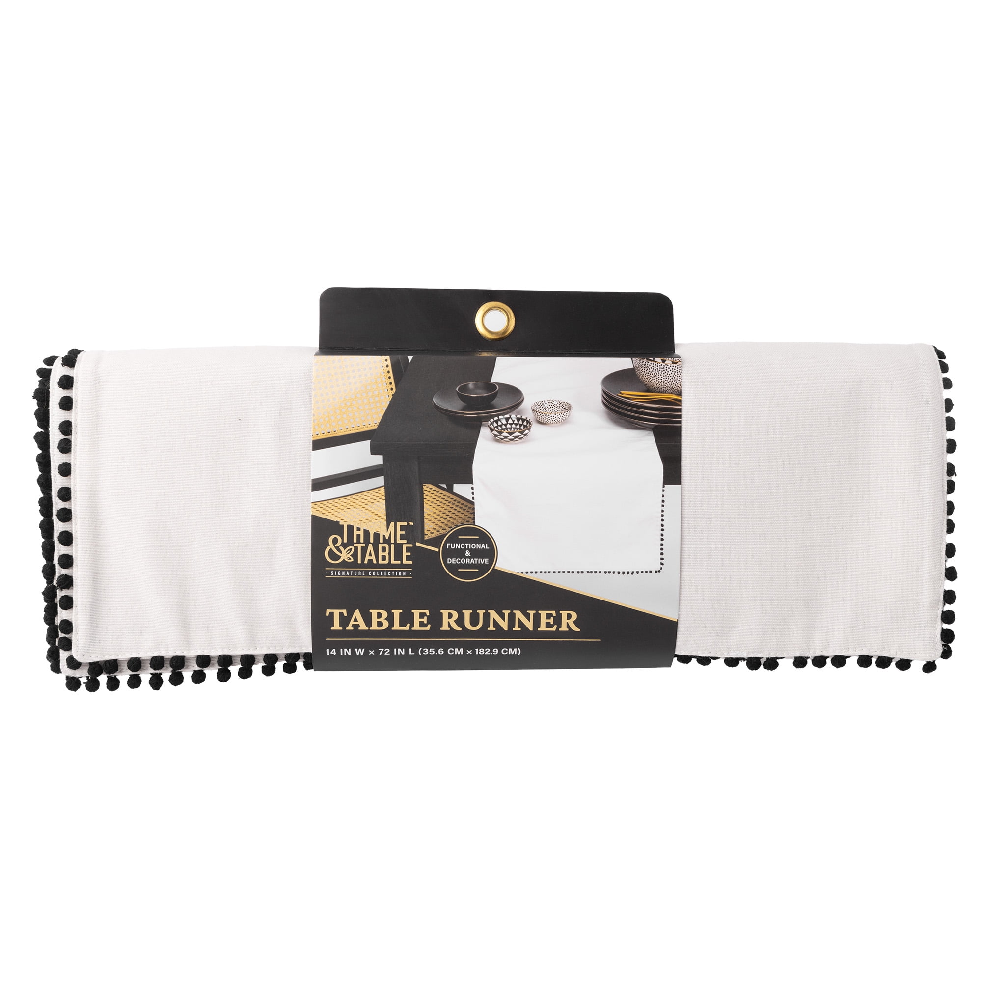 Thyme & Table Table Runner, Ivory with Black Pom Pom Trim, 14 x 72"