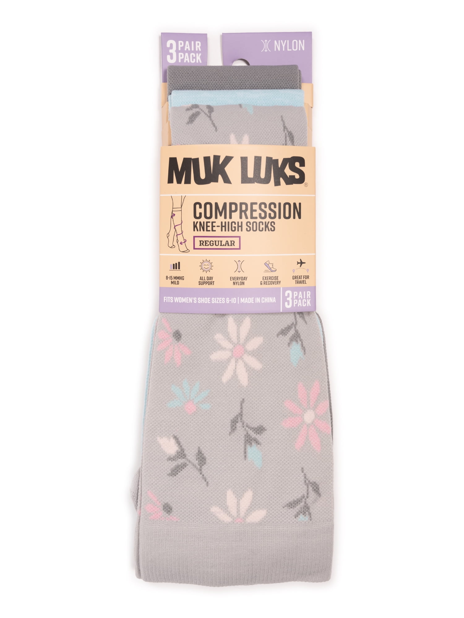 MUK LUKS Women's Regular Width Compression Nylon Knee-High Socks, 3-Pack, Shoe Size 6-10