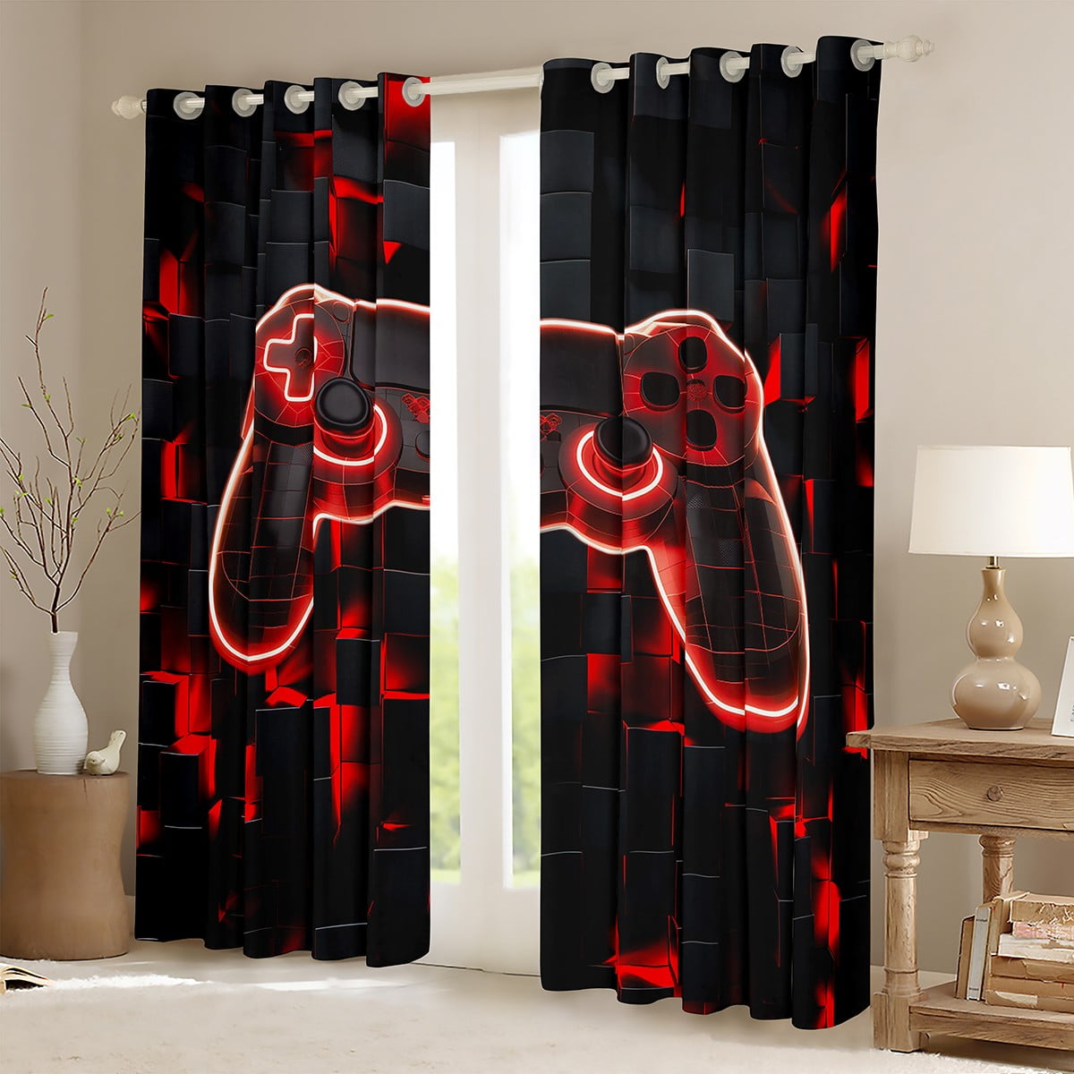 YST Gaming Blackout Curtains for Boys Kids Gamer Curtains, Boys Gaming Themed Bedroom Curtains Geometry Honeycomb Print Window Curtains, Modern Abstract Plaid Curtains Red,2 Panels 42"Wx63"L