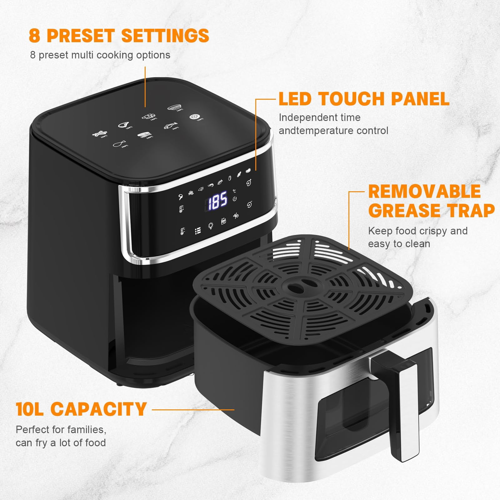 Yilush Multifunctional Digital Air Fryer+ Rotisserie, Dehydrator, Convection Oven, 17 Touch Screen Presets Fry, Roast, Dehydrate, Bake, XL 7L Family Size, Auto Shutoff, Large Easy-View Window, Black