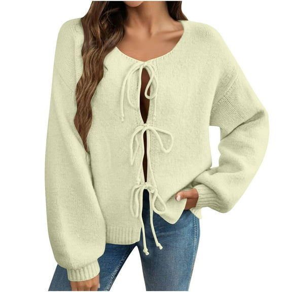 Women's Bow Front Long Puff Sleeve Crew Neck Solid Color Knit Pullover Outerwear Yellow S