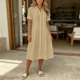 thumbnail image 4 of Guieoi Womens Dresses Plus Size Loose-Fit Summer Fashion Cotton-Linen-Look Dress with Lapel Short Sleeves and Long Hem Beige XL, 4 of 6