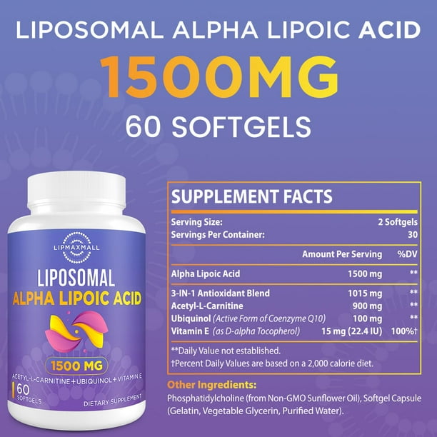 Suplemento de ácido alfa lipoico liposomal de 1500 mg con acetil-L-carnitina  900 mg, ubiquinol 100 mg y vitamina E 15 mg, 60 cápsulas blandas (2  botellas)