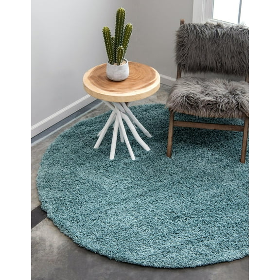 Rugs.com Solid Shag Collection Rug – 3 Ft Round Light Slate Blue Shag Rug Perfect For Kitchens, Dining Rooms