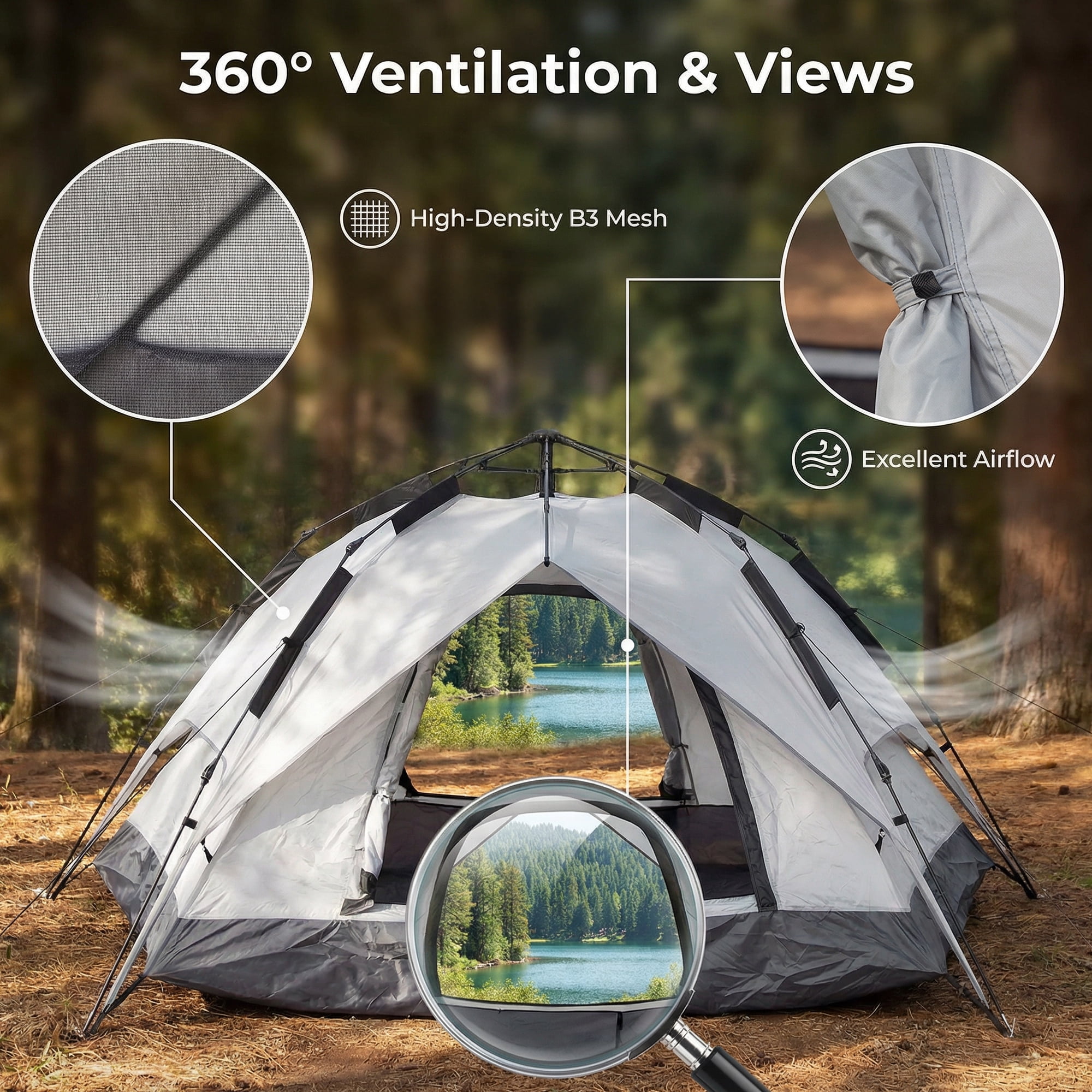 XL Instant Easy Pop Up Tents 3-Person Camping Tent Beige, Plug and Play Tent, Fully Automatic Waterproof Family Camping Tent, Detachable Canopy Tent, Suitable for Beach Camping and Hiking