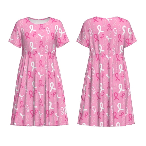 Horeoi Breast Cancer Awareness (3) Print Women's Short Sleeve Dress Breathable Polyester-Spandex All-Over Print A-Line Side Pockets Elastic Waist