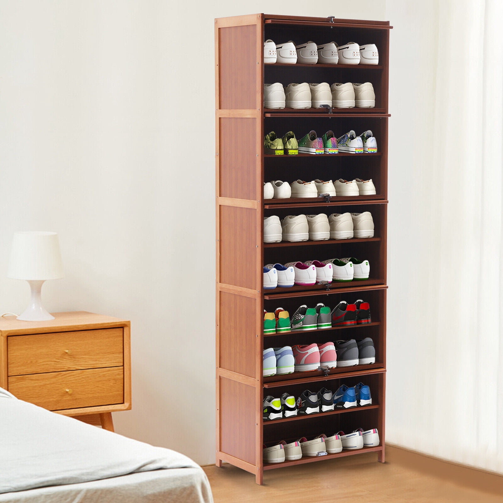11-Tier Bamboo Shoe Cabinet with Door, Tall Narrow Shoe Storage for Entryway, 20 Pair Capacity Freestanding Wooden Shoe Rack Organizer, Brown