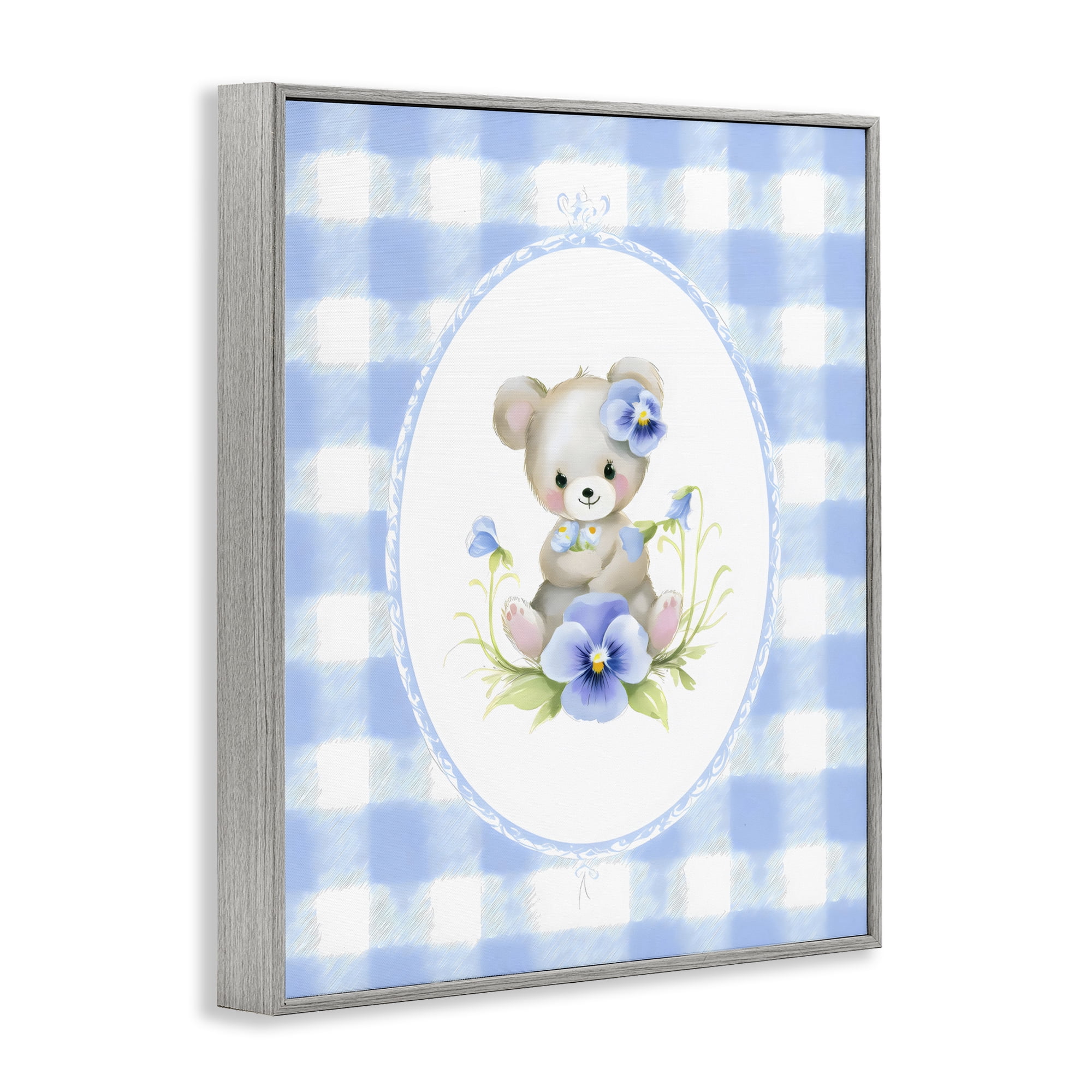 Stupell Industries Little Bear Blue Gingham Gray Framed Giclee Art, design by Arlington Prints