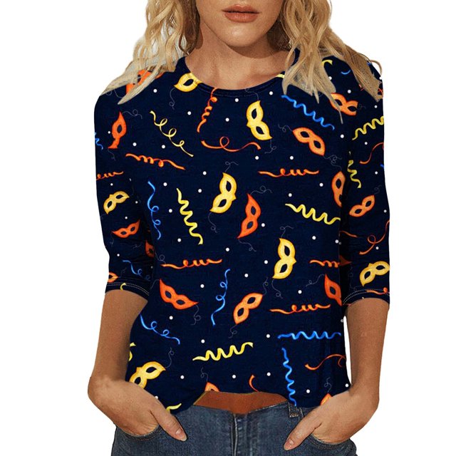 Outfmvch Chemises Mardi Gras pour Femmes, Manches 3/4 Hauts pour Femmes, Tenue Mardi Gras pour Femmes, Blouses pour Femmes, Hauts d'Entraînement pour Femmes, Tunique Graphique de Carnaval Manches 3/4 Col Rond Blouse Violette 2TG