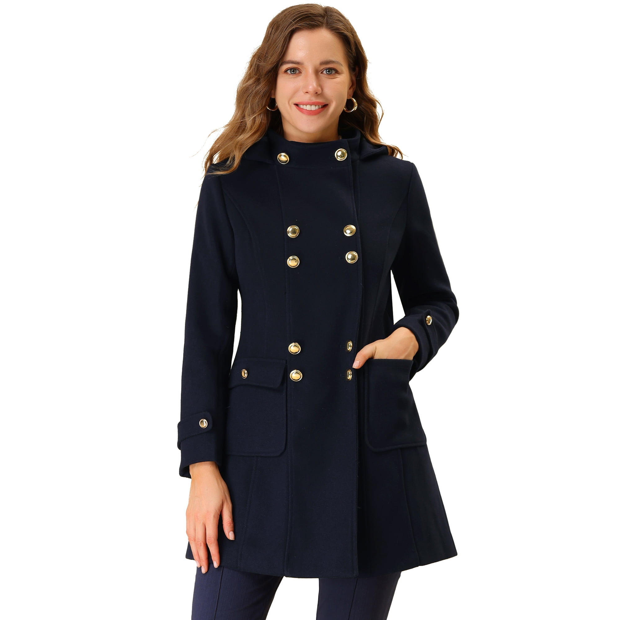 Unique Bargains Women s Hoodie Stand Collar Double Breasted Long Outerwear Winter Coat Navy Blue L Other
