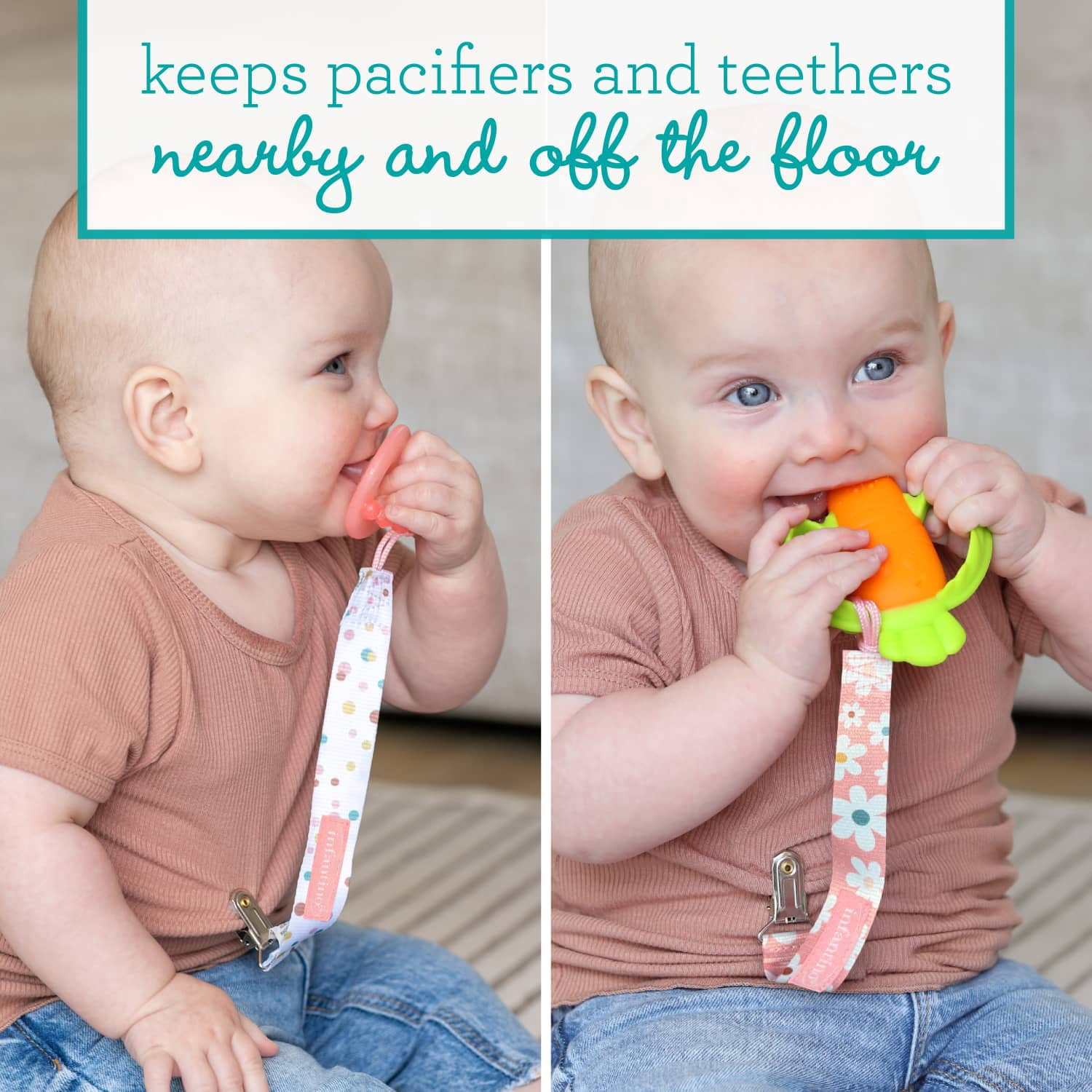 Infantino Pacigrip Universal Pacifier Clips for Infant & Toddler, Bubbly Pink Daisy, 2-Pack