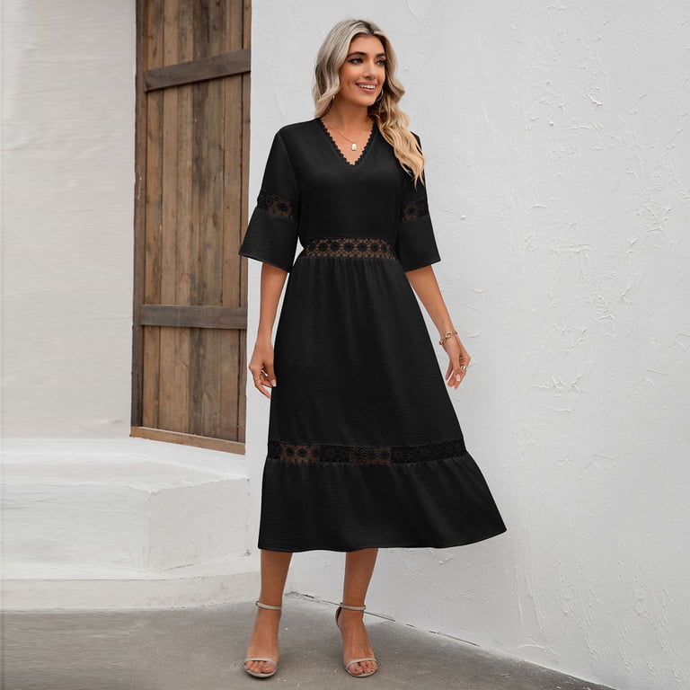 Women's V-Neck Lace Sheer Bohemian Maxi Dress 3/4 Sleeve Beach Holiday Solid Long Dress