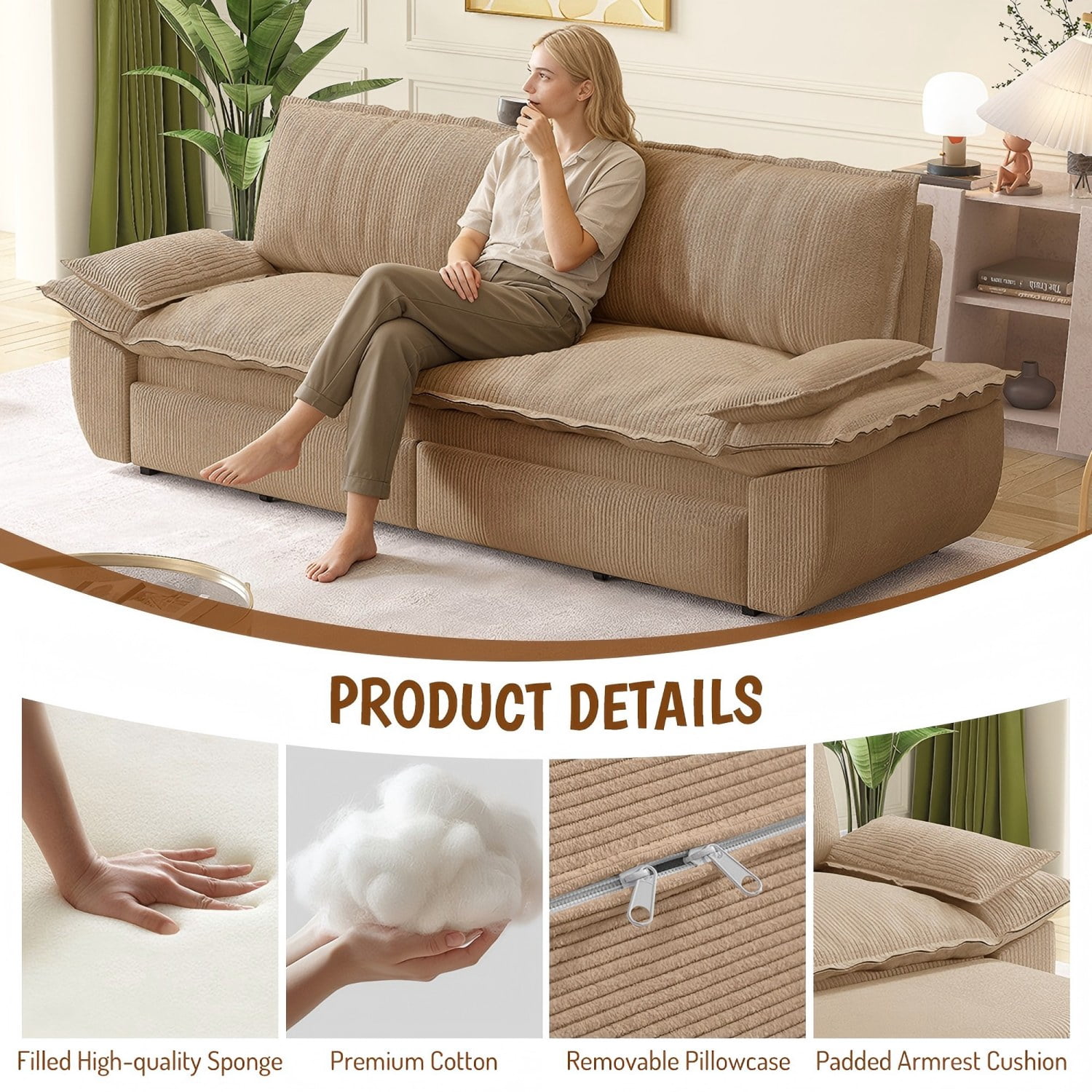 MOONMISS 73.2" Queen Pull Out Sofa Bed,3-in-1 Convertible Sleeper Sofa,Multi-Functional Corduroy Couch Bed,Camel