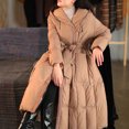 thumbnail image 3 of Chaqueta de plumón larga de invierno con capucha y diseño de lazo en la cintura para mujer, parkas mullidas de un solo pecho, 3 of 5