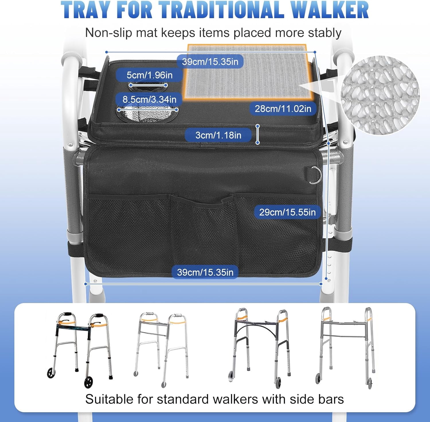Rhino Valley Walker Tray for Folding Walker, Tray for Walkers with Non-Slip Mat for Food, 3 Front Pockets & 2 Cup Holders, Fits Most Standard Folding Walkers, Walker Accessories for Senior, Black