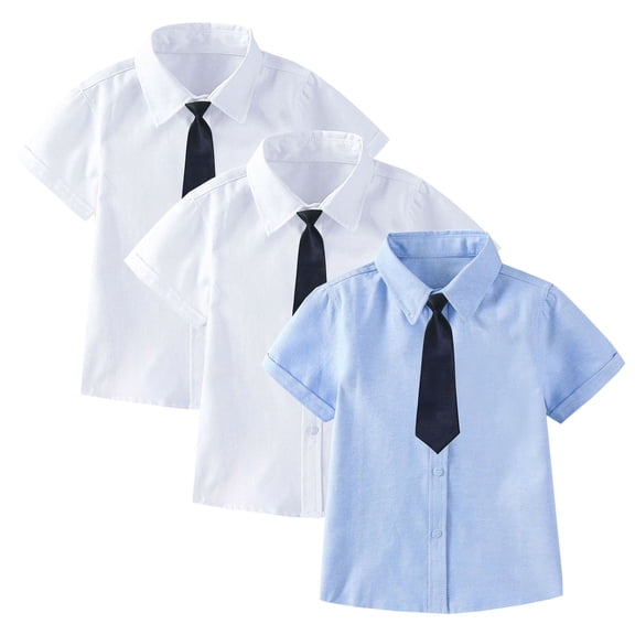 Odeerbi 2-15 Years Toddler Kids Boys Girls Short Sleeve Dress Shirts 3 Pack Cotton School Uniform Shirts with Bow/Tie