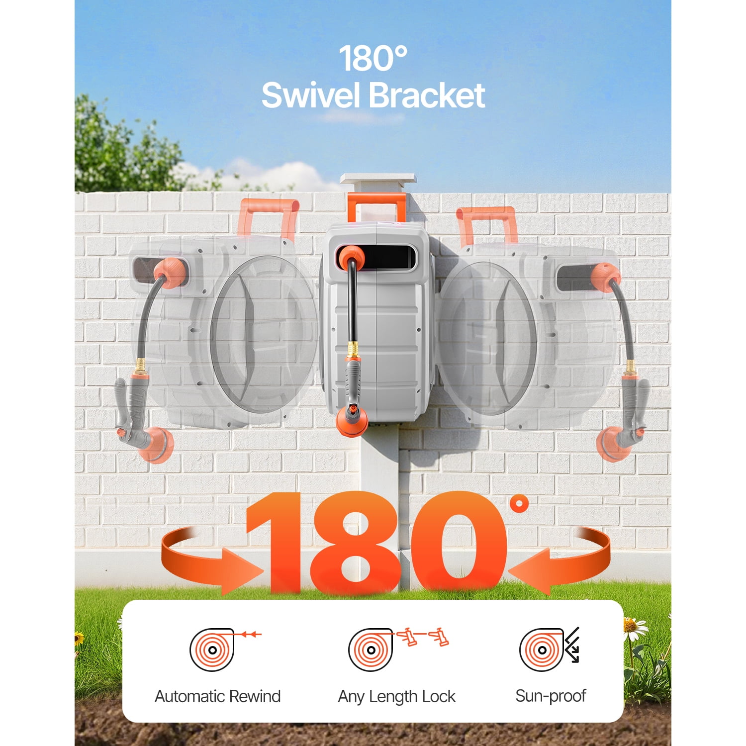 KFFKFF Retractable Hose Reel 65ft x 1/2in, Wall-Mounted Garden Hose Reel with 9-Function Nozzle, Lawn Watering Hose Reel 180° Swivel Bracket, Length Lock, Upgraded Slow Return System