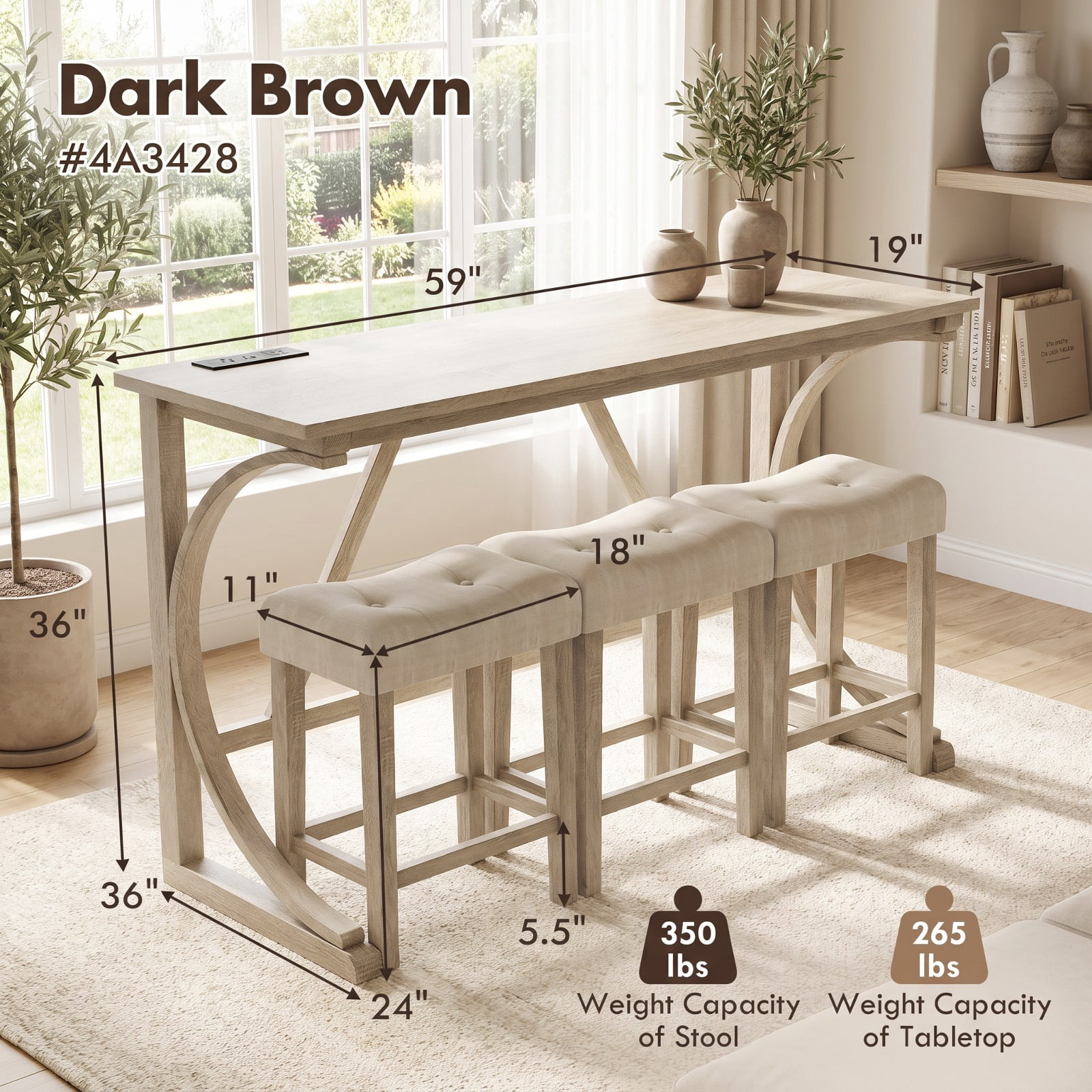 Furnibear 4-Piece Bar Table Set with Power Outlet and Upholstered Saddle Seat Stools-Grey and Beige for Kitchen Dining Room Breakfast Nook Home, Gray