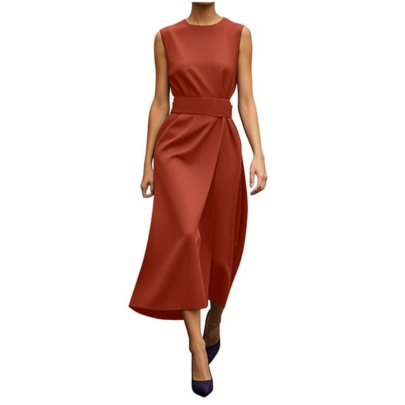 ZQUUVOU Women's Sleeveless Maxi Dress Round Neck Tie Front Side Slit Loose Formal Cocktail Party Gown Dresses Orange