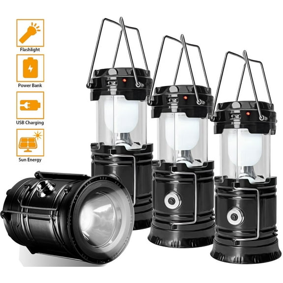 4 Pack Solar USB Rechargeable Power Brightest COB LED Camping Lantern , Charging for Android, Waterproof Collapsible Emergency LED Light - Black