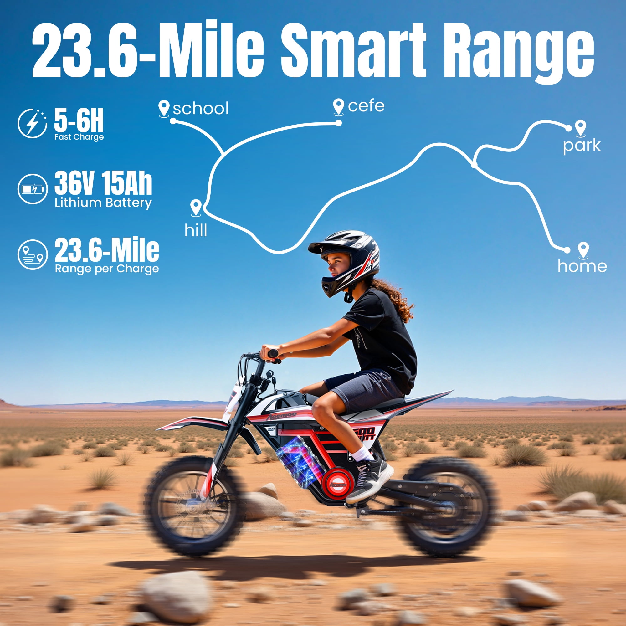 Aoemoe Motorcycle, Motorized Dirt Bikes for kids 8-14, 36V 500W – 15 MPH Top Speed, Dual Suspension, Red