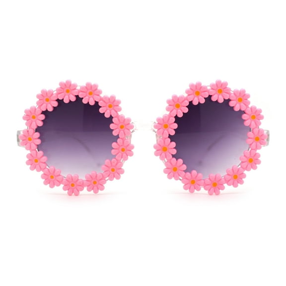 Womens Daisy Flower Trim Round Circle Lens Hippie Sunglasses Pink Smoke