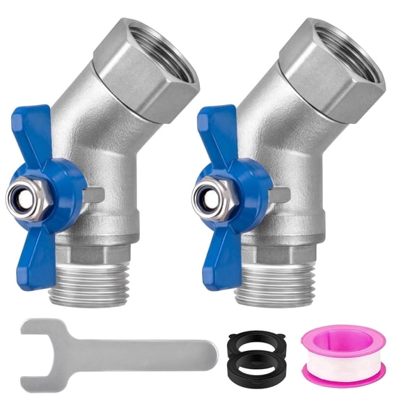 Dual 45 Degree Garden Hose Elbow Connectors，304 Stainless Steel Material with Built-In Shut Off Valve，3/4" Heavy-Duty Hose Fittings，Compatible with Both Garden Hoses and Spigots.(2pack)