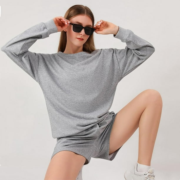 Pisexur Women 2 Piece Outfits Loose Sweatsuits Fashion Crew Neck  Sweatshirts and Sweatshorts Jogger Tracksuits Matching Set 