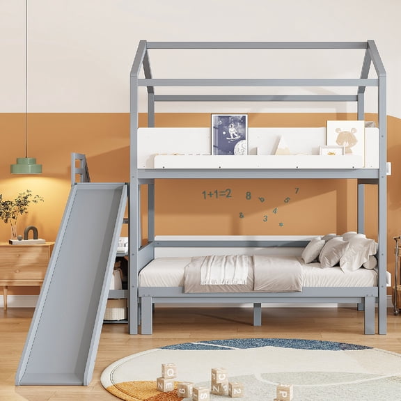 Twin Over Twin/Full Bunk Bed Frame with Slide and Storage Staircase, House-Shaped Wooden Bunk Bed Frame with Guardrails and Display Shelves for Bedroom, Mattress not included, Grey White