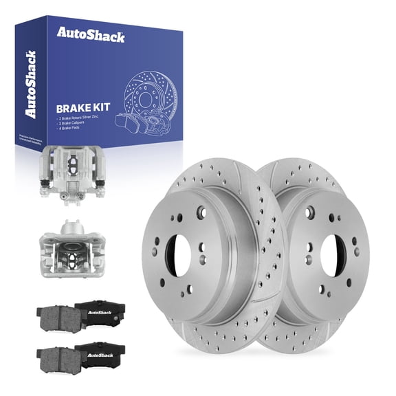 AutoShack Rear Solid Drilled & Slotted Silver Zinc Coated Brake Rotors   Ceramic Pads   Calipers 8-PC Brake Kit Replacement for 2007-2012 Acura RDX SilverShield Pro 11.99" (304.6 mm)