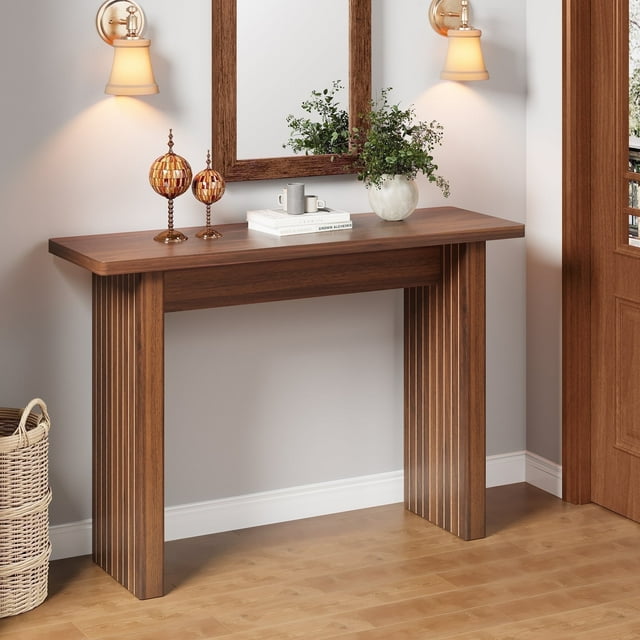 Wirrytor 43-Inch Square Walnut Console Table for Entryway, Farmhouse Wooden Sofa Tables for Living Room, Behind The Couch Table for Living Room, Entryway Table for Entrance, Plank Entry Table