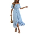 thumbnail image 3 of VISgogo Vestido de mujer, estampado floral, hombros descubiertos, manga corta, decoración de botones, dobladillo con volantes, vestido de blusón VISgogo  moda, 3 of 9