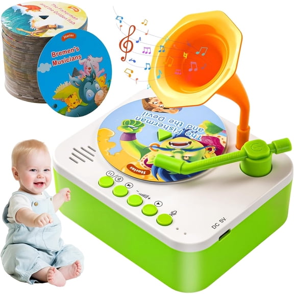 Phonograph Toy, Kids Gramophone Toddler Record Player with 96 Learning Cards, Early Education Machine Music Box Storyteller Pop Speakers, Gift for Boys and Girls Ages 2-6(Yellow)