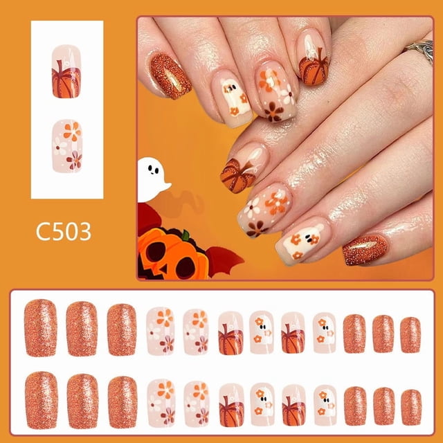 Uñas cuadradas cortas con cara brillante, fantasma, flor, calabaza, linda calabaza francesa de Halloween, uñas postizas en contraste, 24 piezas, placa de uñas portátil
