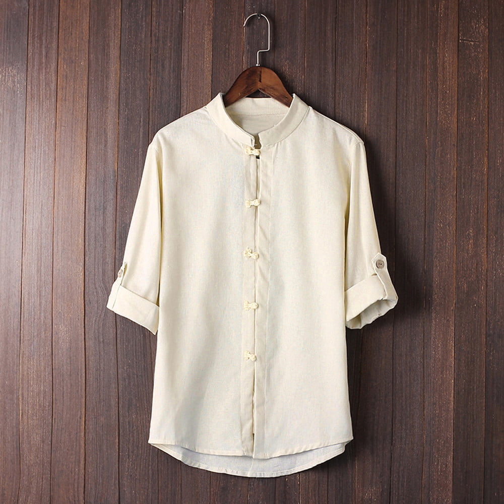 Men Classic Chinese Style Kung Fu Shirt Tops Tang Suit Plus Size 3/4 Sleeve Linen Blouse 