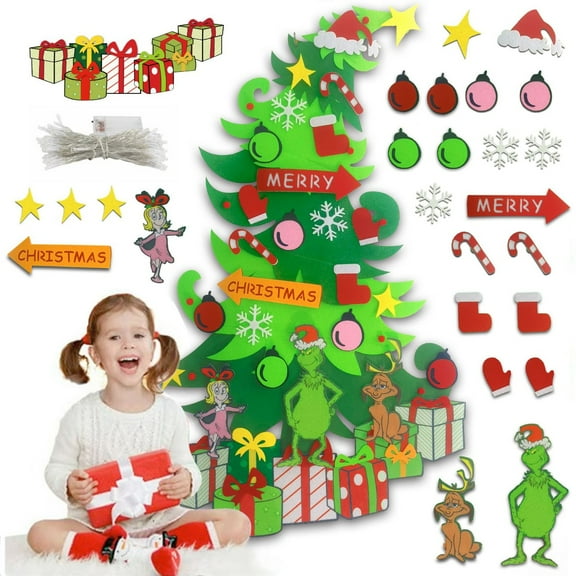 Felt Christmas Tree for Toddlers, Felt Christmas Tree for Kids DIY Christmas Decorations, Felt Toddles Christmas Tree for Kids Xmas DIY Wall Hanging, Children Gift with String Light