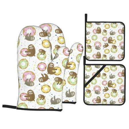 

Oven Mitts and Pot Holders 4 Piece donut sloth High Heat Slip Resistant Oven Mitt and Trivets Set Kitchen Oven Glove Pot Holders for Cooking Baking Grilling