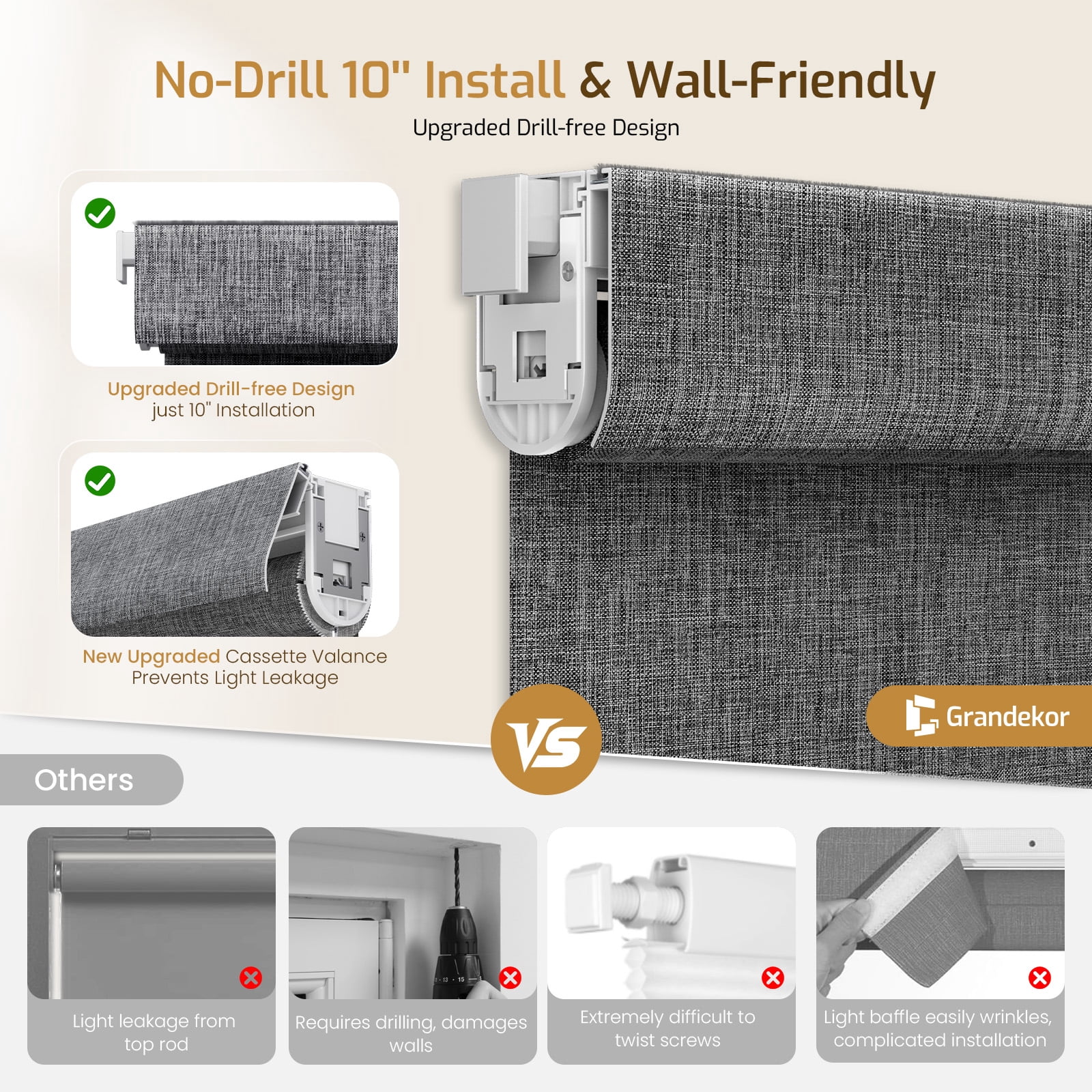 Grandekor No Drill No Tools Blackout Roller Shades - 58"x72" Hemp-Dark Gray | Free-Stop Cordless Blinds with UV Protection | Custom Fit for Home, Bedroom, Office, Living Room