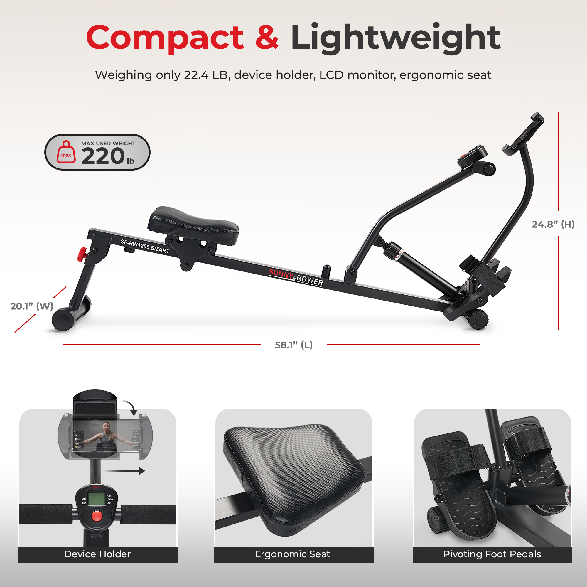 Sunny Health & Fitness Compact Hydraulic Rower With Bluetooth photo 6