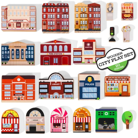 Set de juego urbano de madera Zany Trains con 20 edificios y letreros