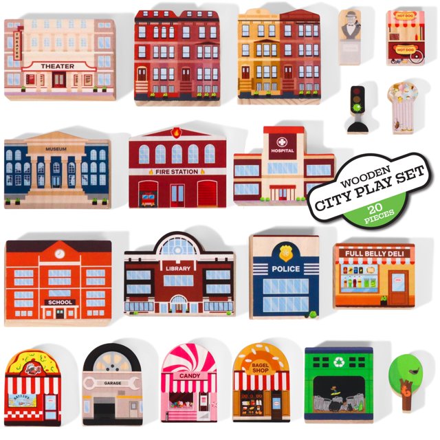 Set de juego urbano de madera Zany Trains con 20 edificios y letreros