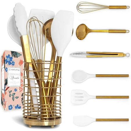

Styled Settings White & Gold Silicone Utensils with Gold Utensil Holder