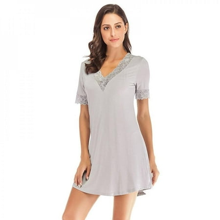 

Wisremt Women s Simple Casual Short-Sleeved Nightdress Ladies Soft Lace V-neck Above Knee Pajamas Summer Sexy Loose Homewear Gray XL