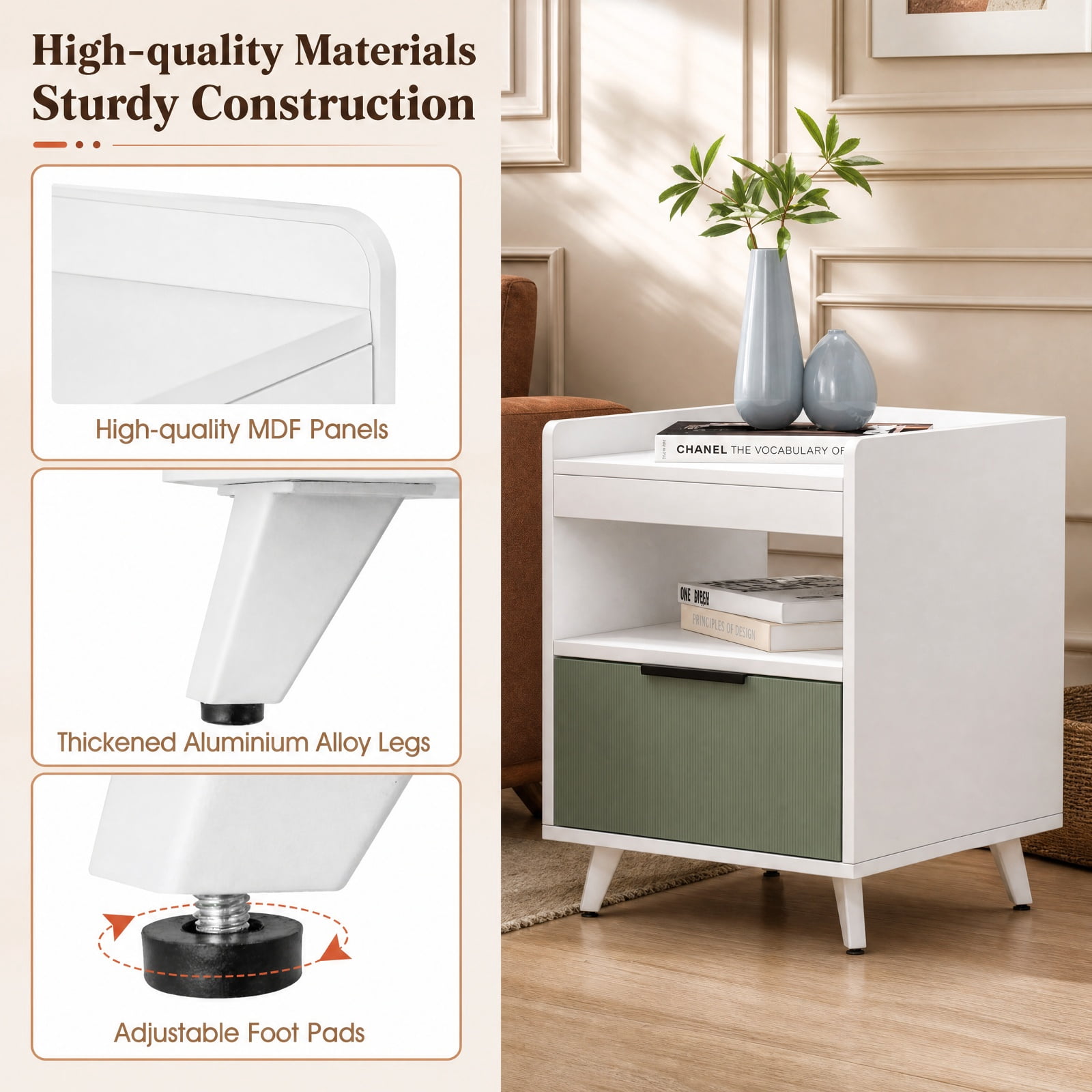 Furnibear Modern Nightstand with LED Lights Sliding Drawer and Open Compartment for Bedroom Living Room Bedside Sofa Side Small Space, White