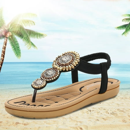

Sandals Women Women Ladies String Bead Casual Elastic Band Bohemian Beach Shoes Sandals Womens Sandals Pu Black 37