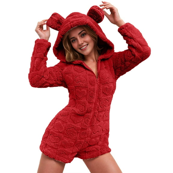 RYRJJ Womens Plush Hooded Jumpsuit Sherpa Fuzzy Pajamas Long Sleeve Cute One Piece Onesie Winter Warm Short Rompers Sleepwear(Red,L)