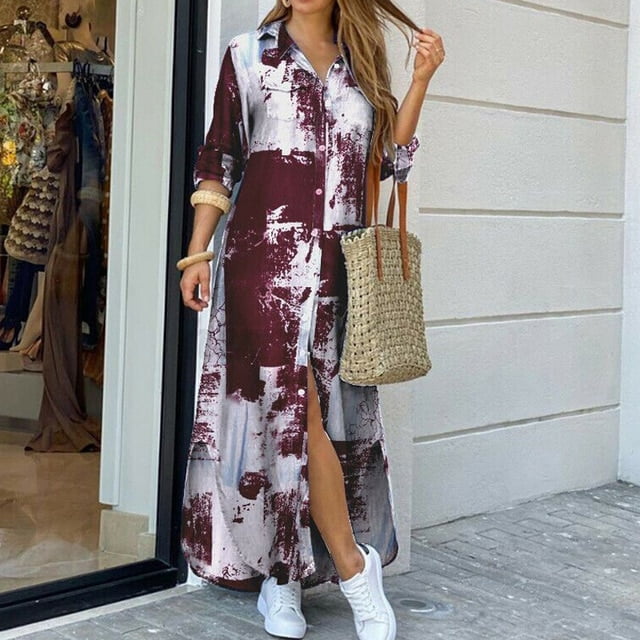 Tralilbee Robe Chemise Longue pour Femmes à Col Rabattu Été Élégante à Boutons Robe de Soirée Décontractée Printemps à Manches Longues Robe Maxi de Plage