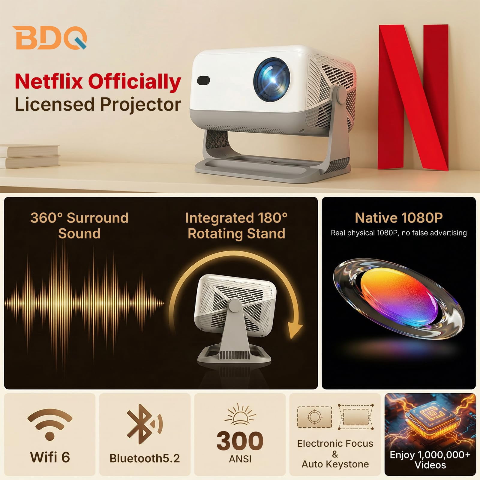 BDQ Mini Projector with WiFi and Bluetooth, 1080P Full HD Smart Projector, 300ANSI Auto Focus&Keystone, Portable Movie Projector Compatible with TV Stick Smartphone/HDMI/USB