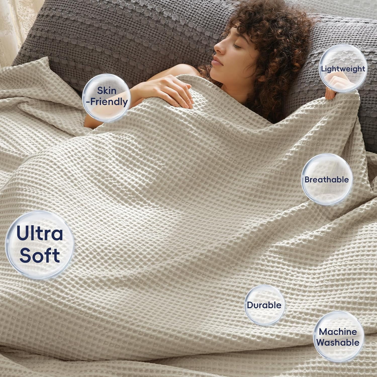 PHF Ultra Soft Waffle Weave Blanket Queen Size, Washed Lightweight Summer Breathable Blankets for Hot Sleeper, Linen, 90x90 inches